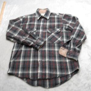 Sears Roebuck Shirt Mens‎ Medium Gray Plaid Red Stripe Button Wool Blend VTG 70s